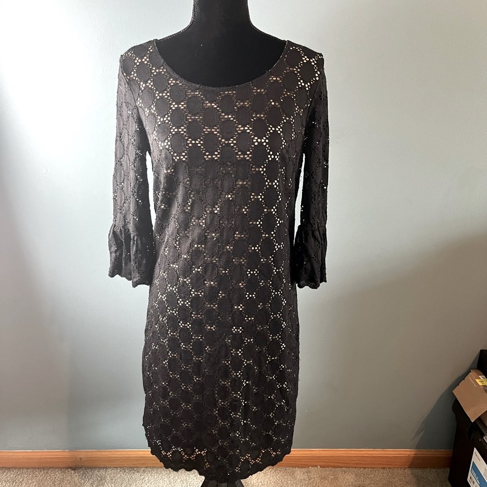 TACERA Women’s Size M Black Lace 3/4 Sleeve Wide Neck Dress
